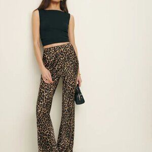 Reformation Gale Satin Mid-Rise Bias Cut Pants in Leopard